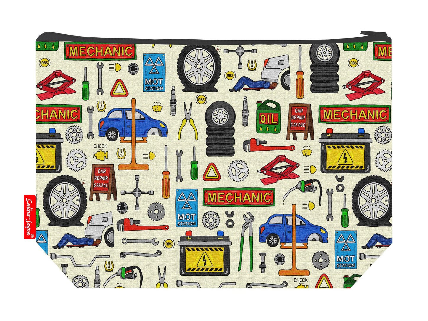Mechanics toiletry bag featuring tools and gears print with washable lining