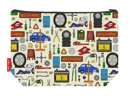 Mechanics toiletry bag featuring tools and gears print with washable lining