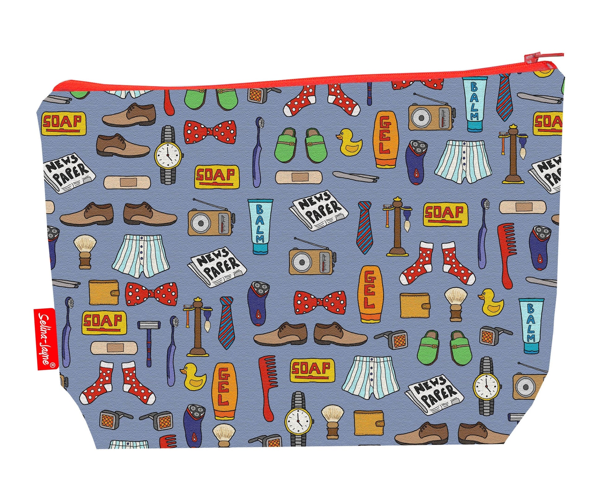 Men's Stuff toiletry bag featuring bold masculine graphics with washable lining