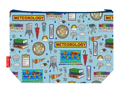 Meteorologist toiletry bag featuring weather symbols and clouds with washable lining