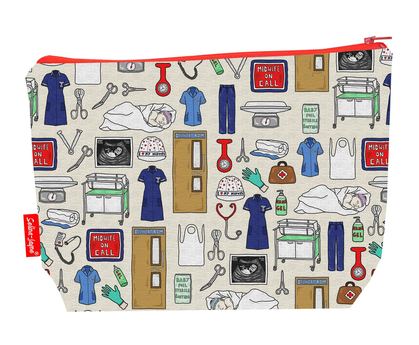 Midwife toiletry bag featuring midwifery symbols and baby motifs with washable lining