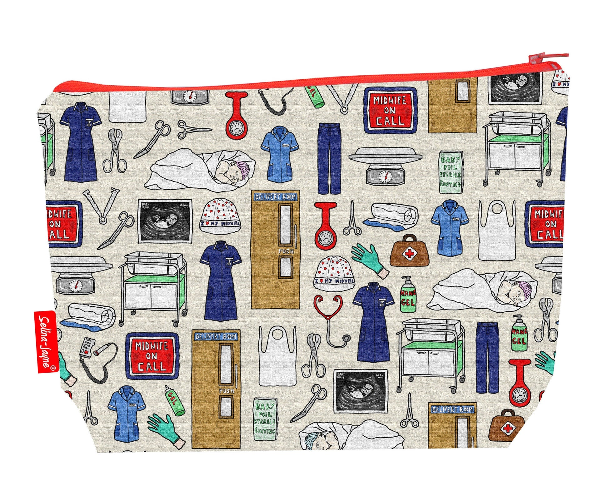 Midwife toiletry bag featuring midwifery symbols and baby motifs with washable lining