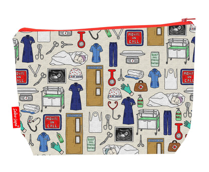 Midwife toiletry bag featuring midwifery symbols and baby motifs with washable lining