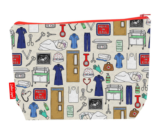 Midwife toiletry bag featuring midwifery symbols and baby motifs with washable lining