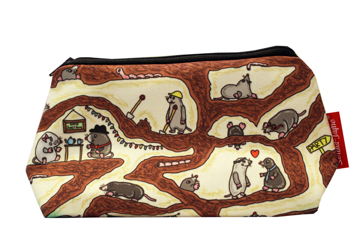 Compact moles cosmetic bag perfect for wildlife and garden lovers, featuring colourfast print and easy-care design