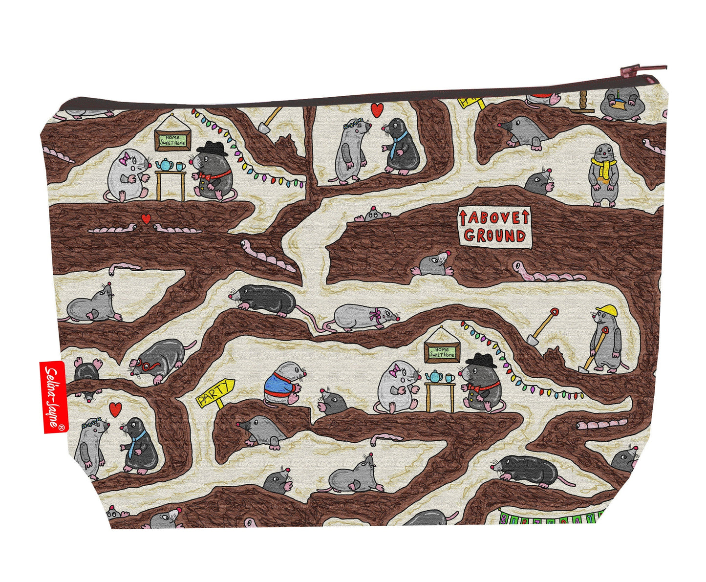 Moles toiletry bag featuring charming garden moles with washable lining
