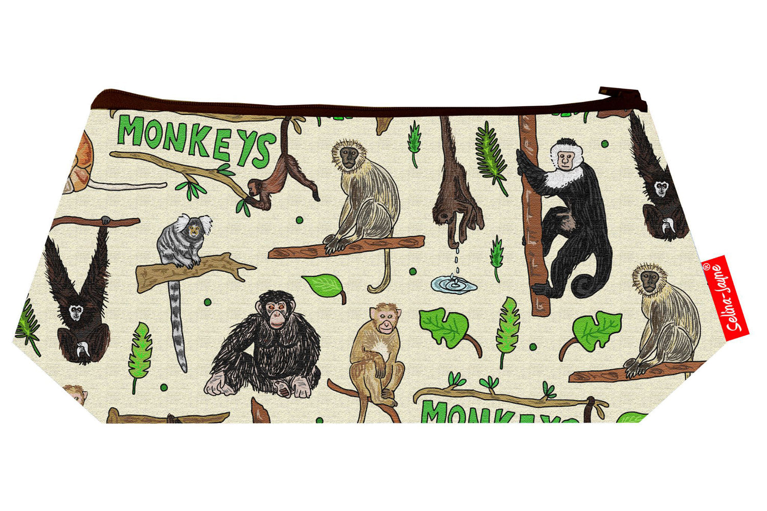 Compact monkey cosmetic bag perfect for wildlife and primate lovers, featuring colourfast print and easy-care design
