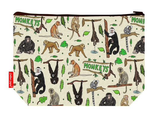 Monkey toiletry bag featuring playful primates with washable lining