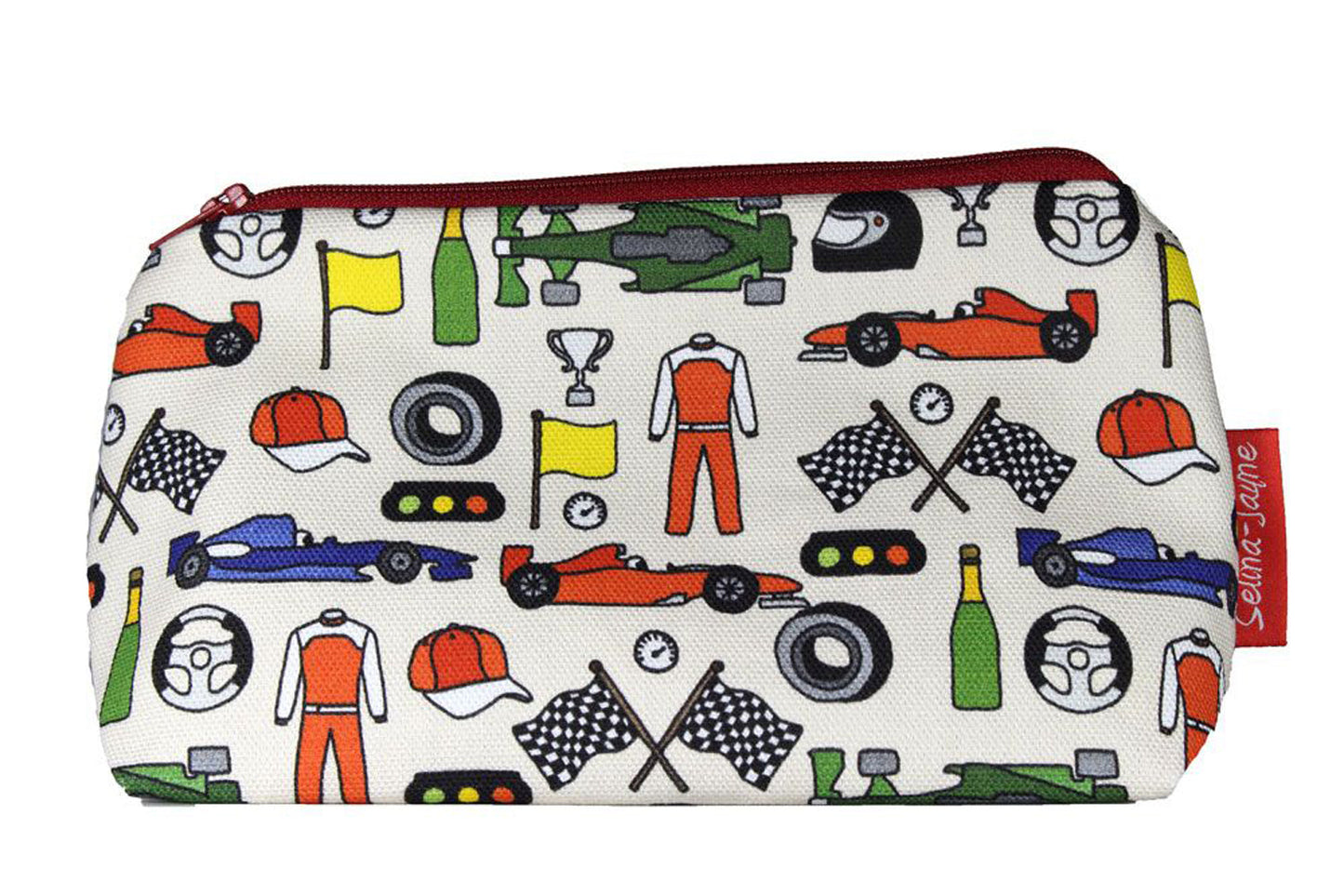 Compact Motor Racing makeup bag with wipe-clean lining, perfect gift for Formula 1 and motorsport enthusiasts