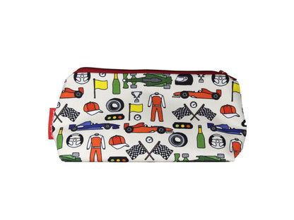 Motor Racing cosmetic bag by Selina-Jayne featuring vibrant motorsport graphics, colour-coordinated zipper, and compact 17.5cm design
