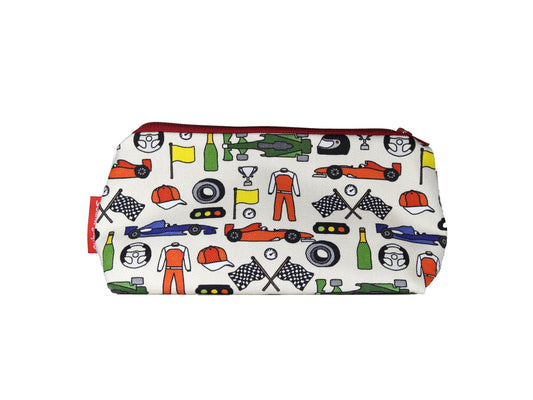Motor Racing cosmetic bag by Selina-Jayne featuring vibrant motorsport graphics, colour-coordinated zipper, and compact 17.5cm design