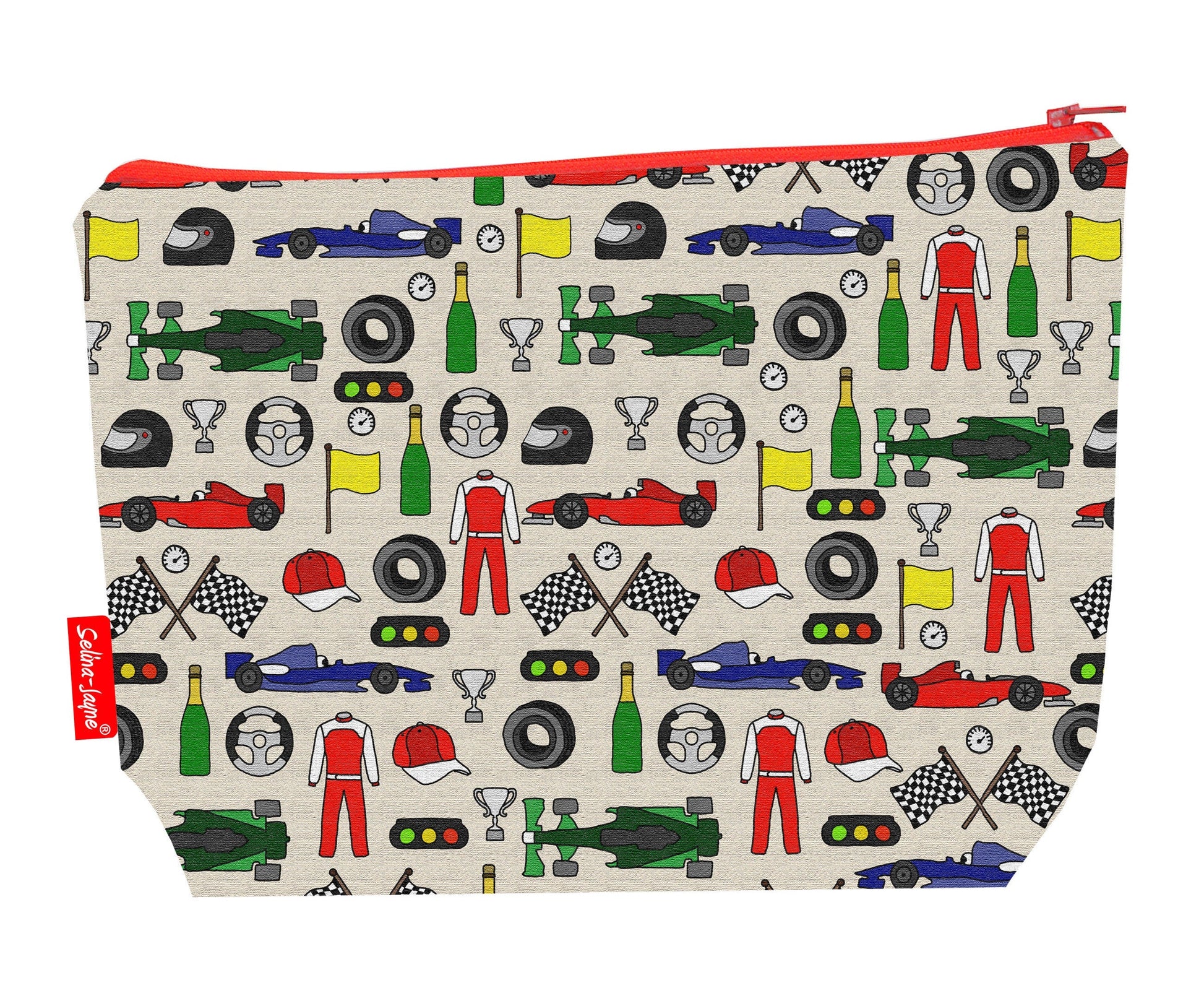 Motor Racing toiletry bag featuring racing cars and checkered flags with washable lining