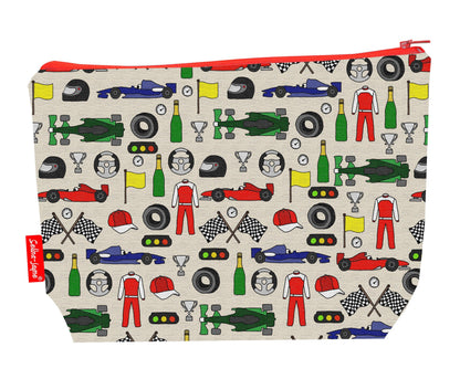 Motor Racing toiletry bag featuring racing cars and checkered flags with washable lining