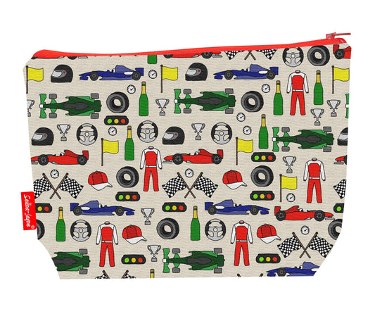 Motor Racing toiletry bag featuring racing cars and checkered flags with washable lining