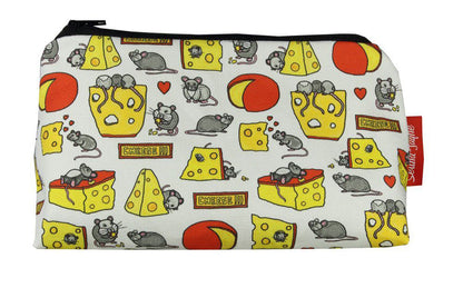 Compact Mouse and Cheese makeup bag with wipe-clean lining, perfect novelty gift for cheese lovers and quirky design enthusiasts