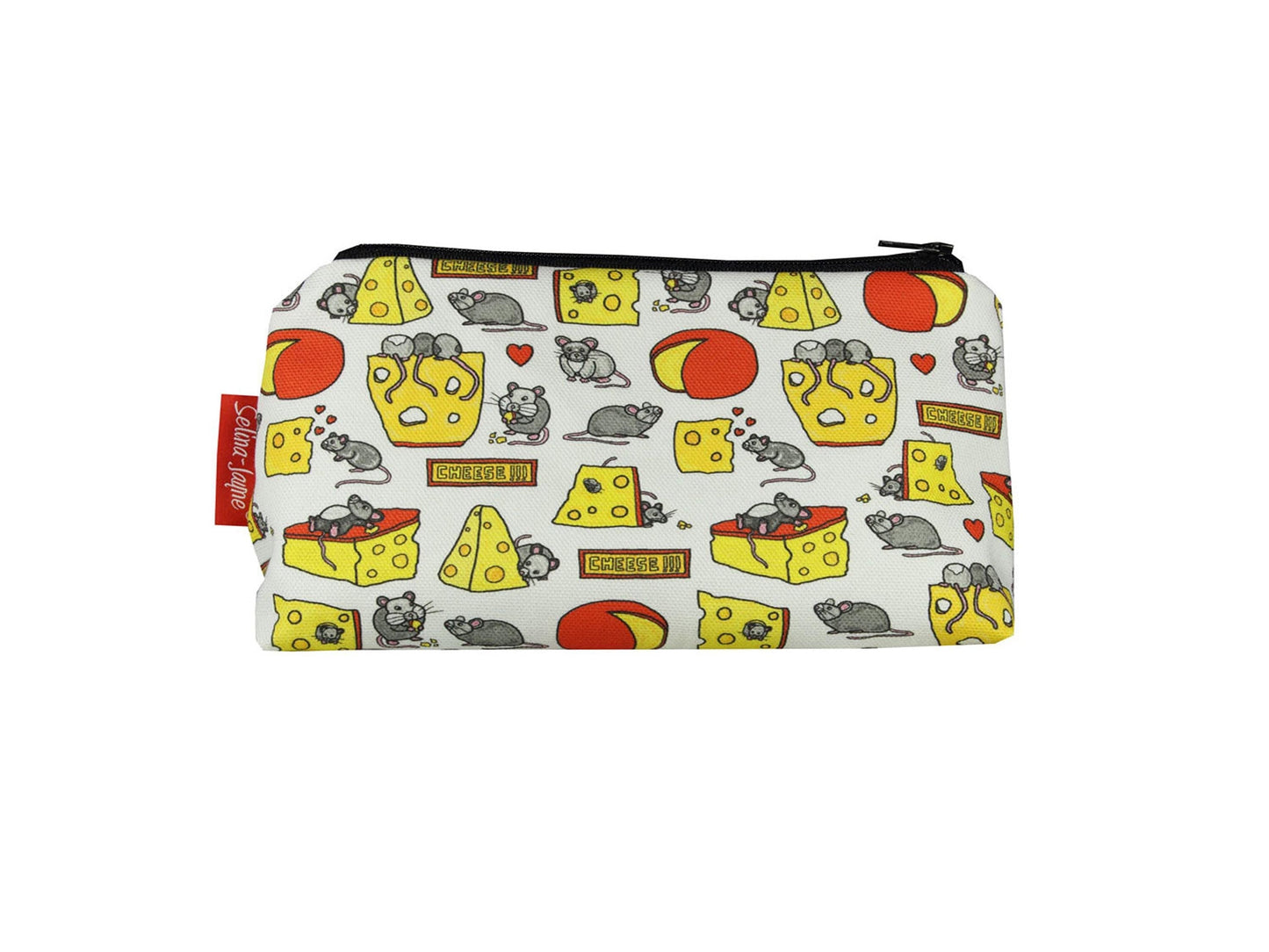 Mouse and Cheese cosmetic bag by Selina-Jayne featuring whimsical mouse graphics, colour-coordinated zipper, and compact 17.5cm design