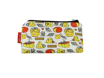 Mouse and Cheese cosmetic bag by Selina-Jayne featuring whimsical mouse graphics, colour-coordinated zipper, and compact 17.5cm design