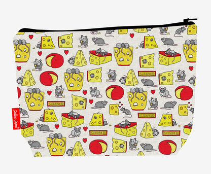 Mouse and Cheese toiletry bag featuring cute mice and cheese motifs with washable lining