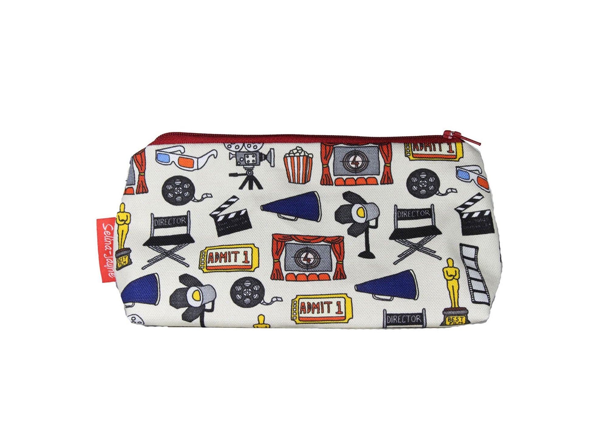 Movies cosmetic bag by Selina-Jayne featuring vibrant cinema graphics, colour-coordinated zipper, and compact 17.5cm design