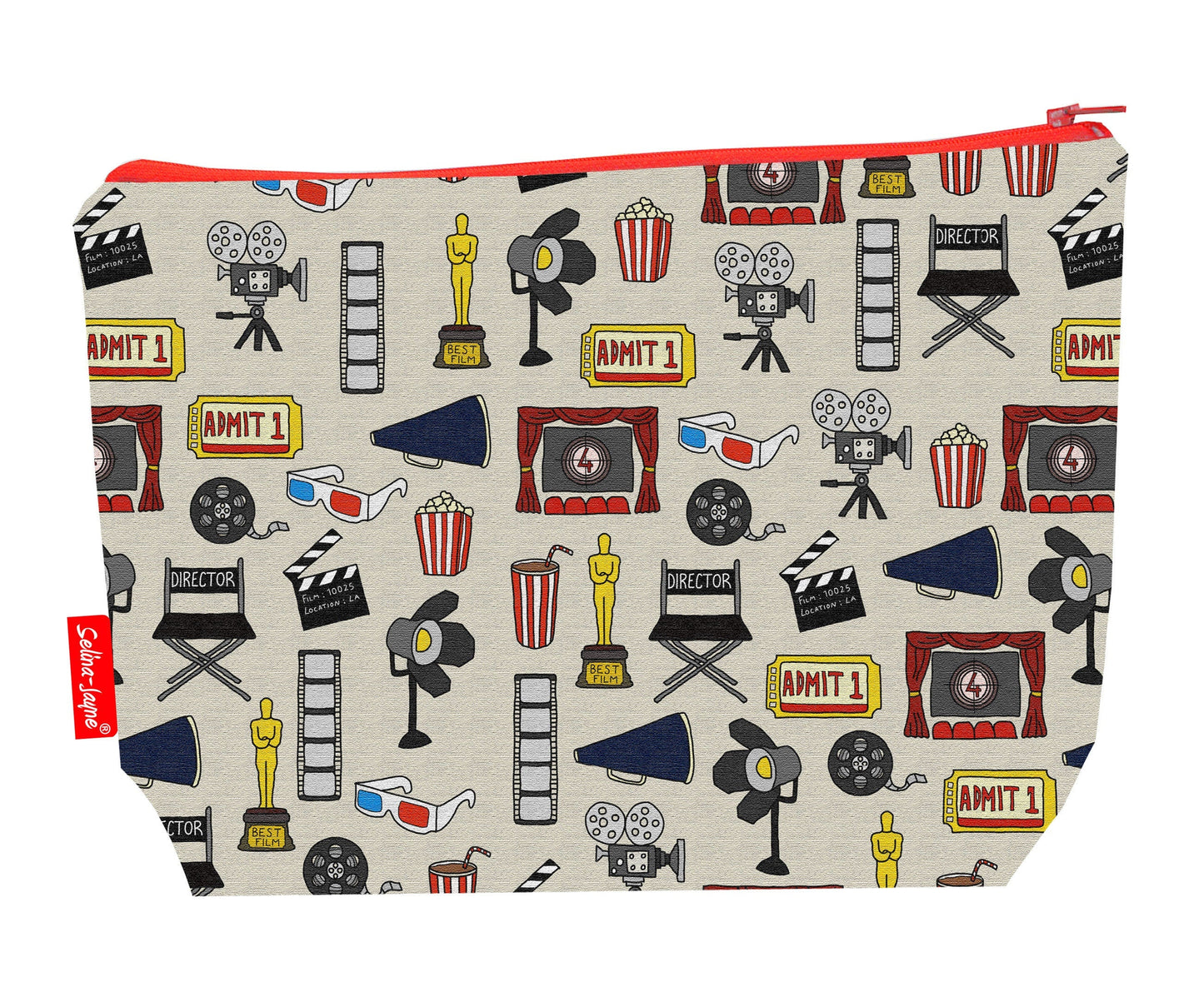 Movies toiletry bag featuring film reels and cinema motifs with washable lining