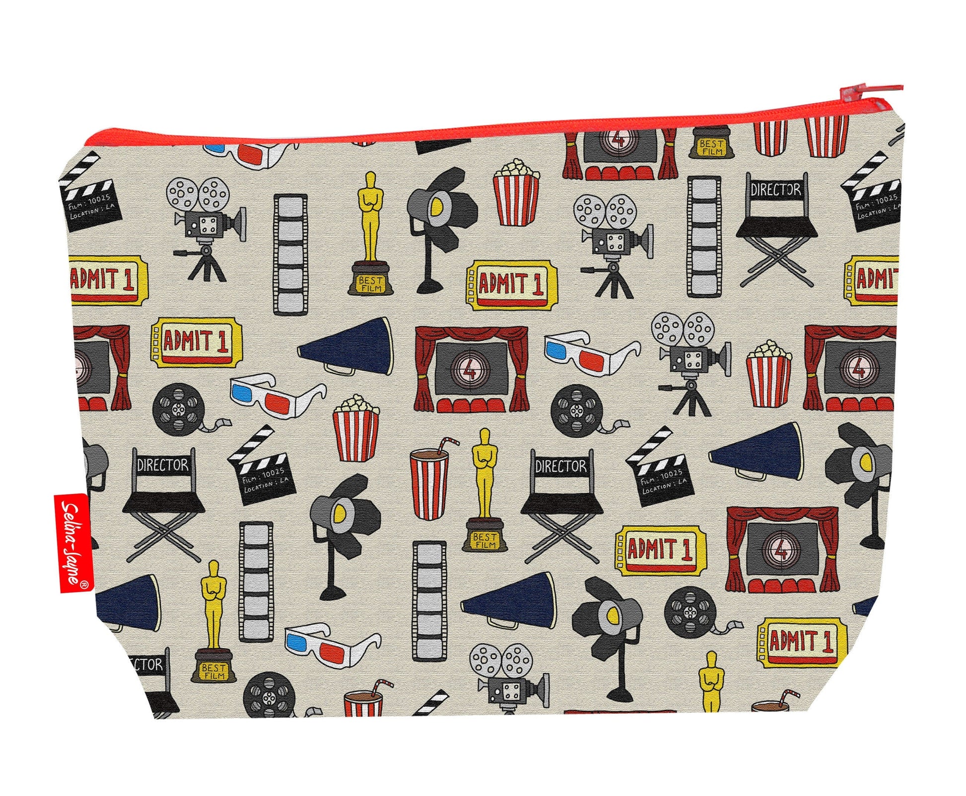 Movies toiletry bag featuring film reels and cinema motifs with washable lining