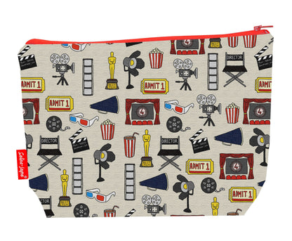 Movies toiletry bag featuring film reels and cinema motifs with washable lining