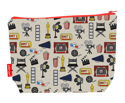 Movies toiletry bag featuring film reels and cinema motifs with washable lining