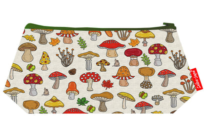 Compact Mushrooms makeup bag with wipe-clean lining, perfect gift for nature lovers and botanical enthusiasts