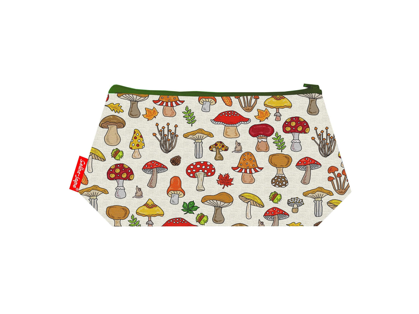 Mushrooms cosmetic bag by Selina-Jayne featuring vibrant botanical fungi graphics, colour-coordinated zipper, and compact 17.5cm design