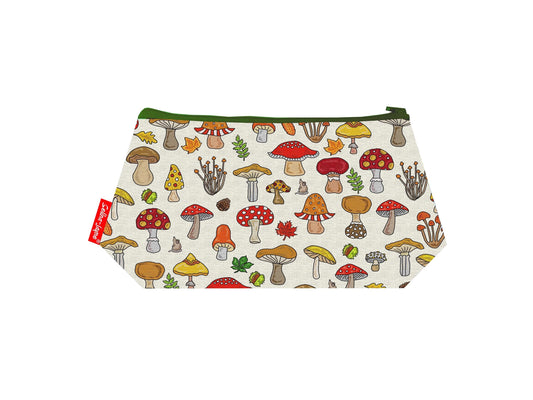 Mushrooms cosmetic bag by Selina-Jayne featuring vibrant botanical fungi graphics, colour-coordinated zipper, and compact 17.5cm design