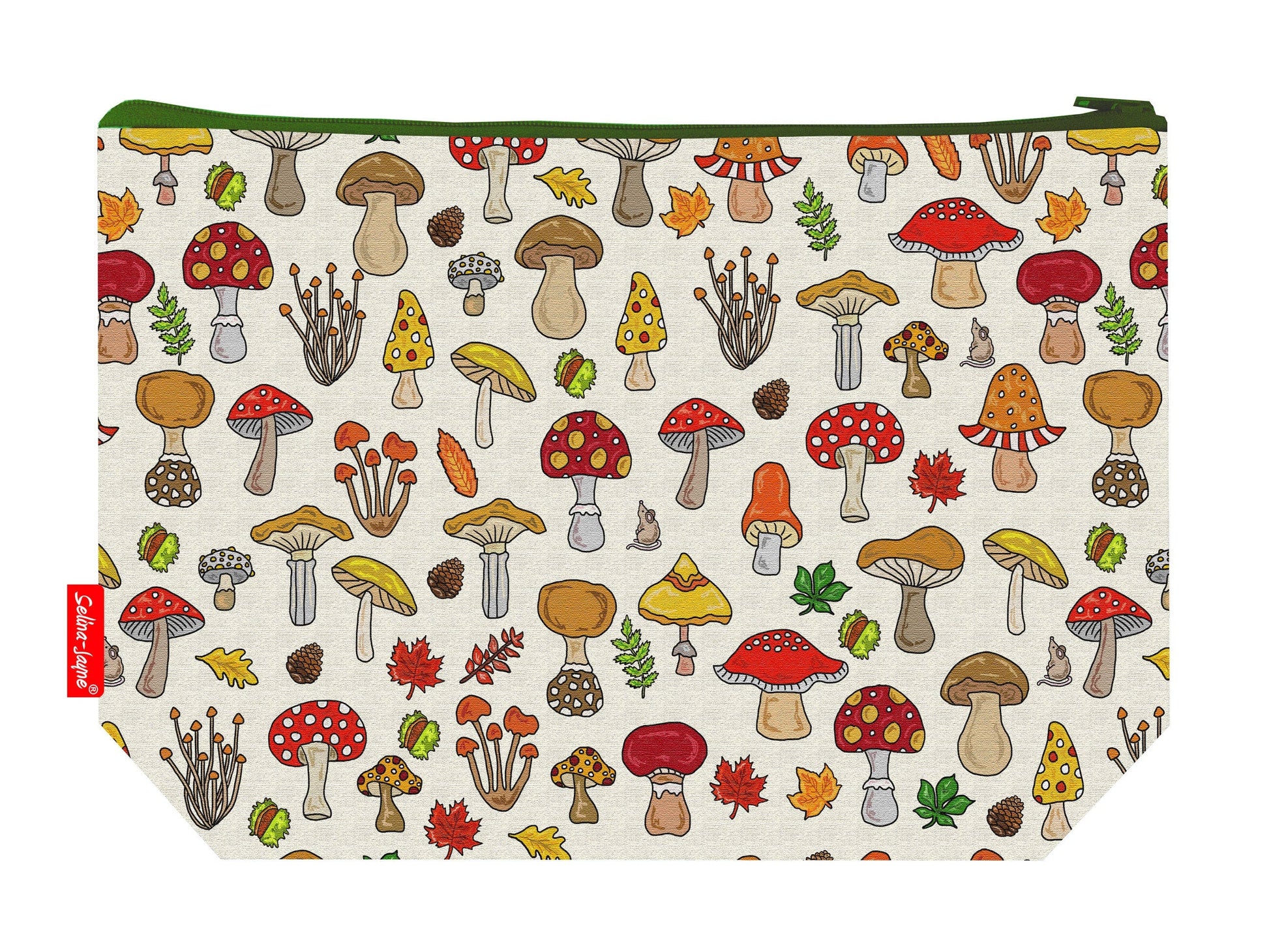 Mushrooms toiletry bag featuring colourful toadstools and fungi with washable lining