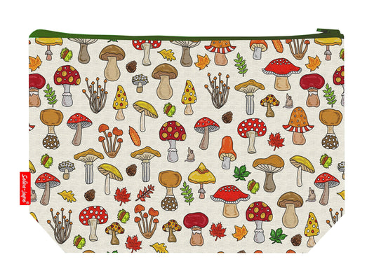 Mushrooms toiletry bag featuring colourful toadstools and fungi with washable lining