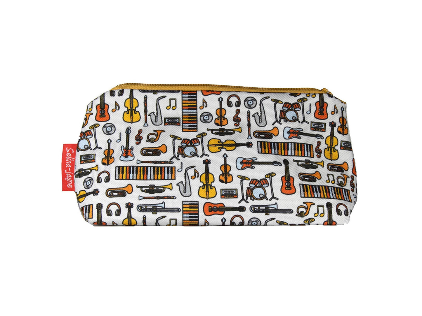 Music cosmetic bag by Selina-Jayne featuring vibrant musical note graphics, colour-coordinated zipper, and compact 17.5cm design
