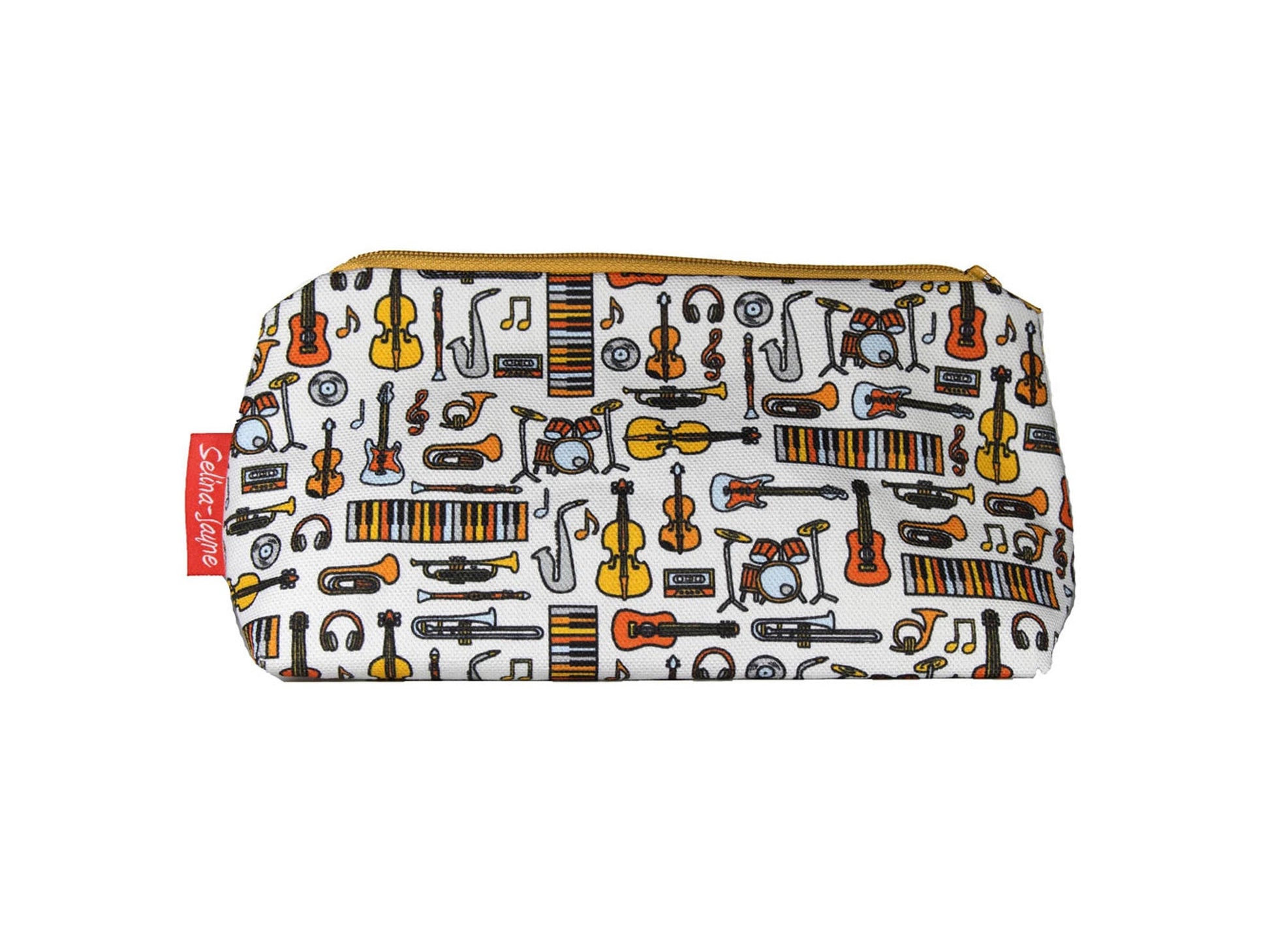 Music cosmetic bag by Selina-Jayne featuring vibrant musical note graphics, colour-coordinated zipper, and compact 17.5cm design