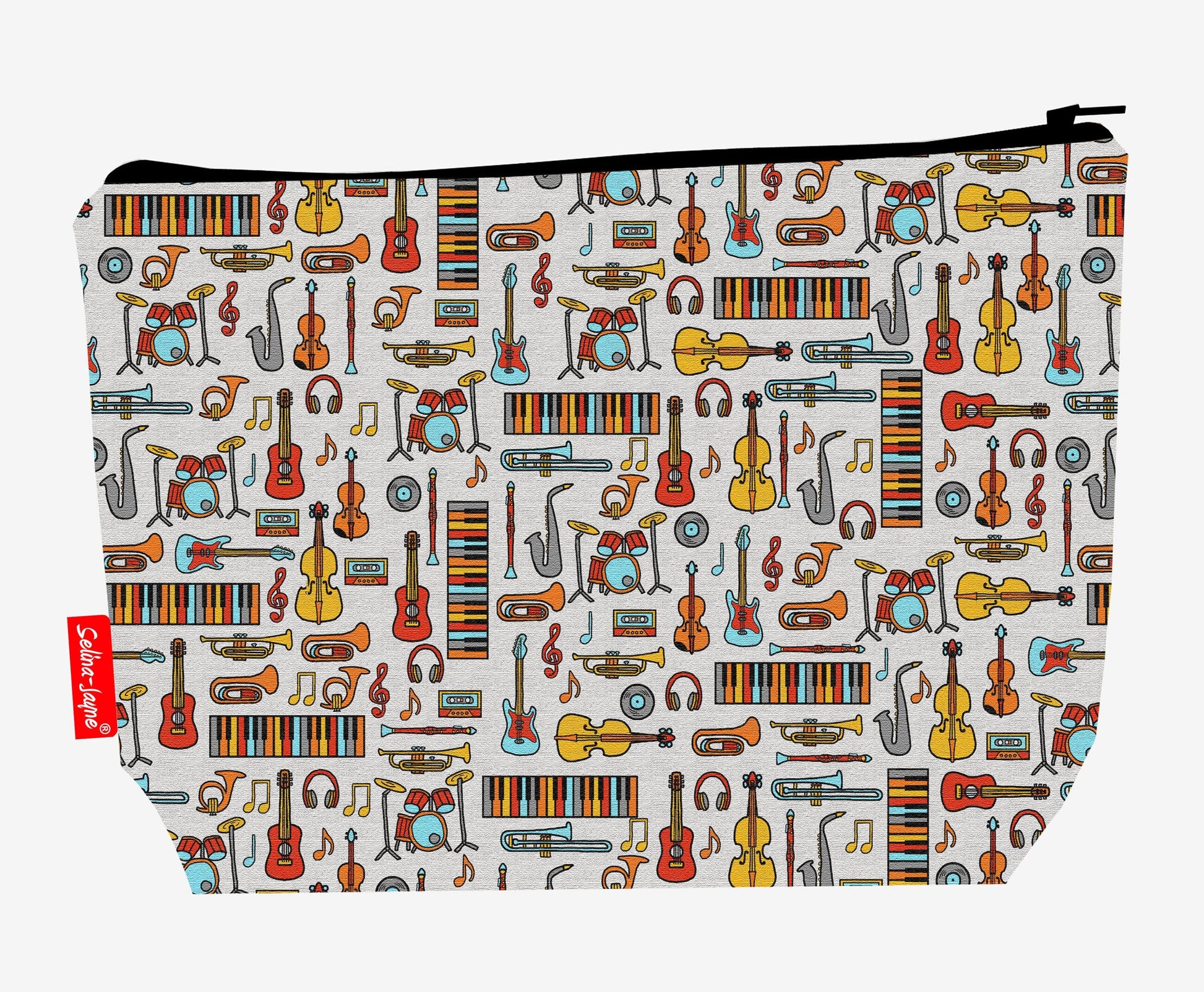 Music toiletry bag featuring musical notes and instruments with washable lining