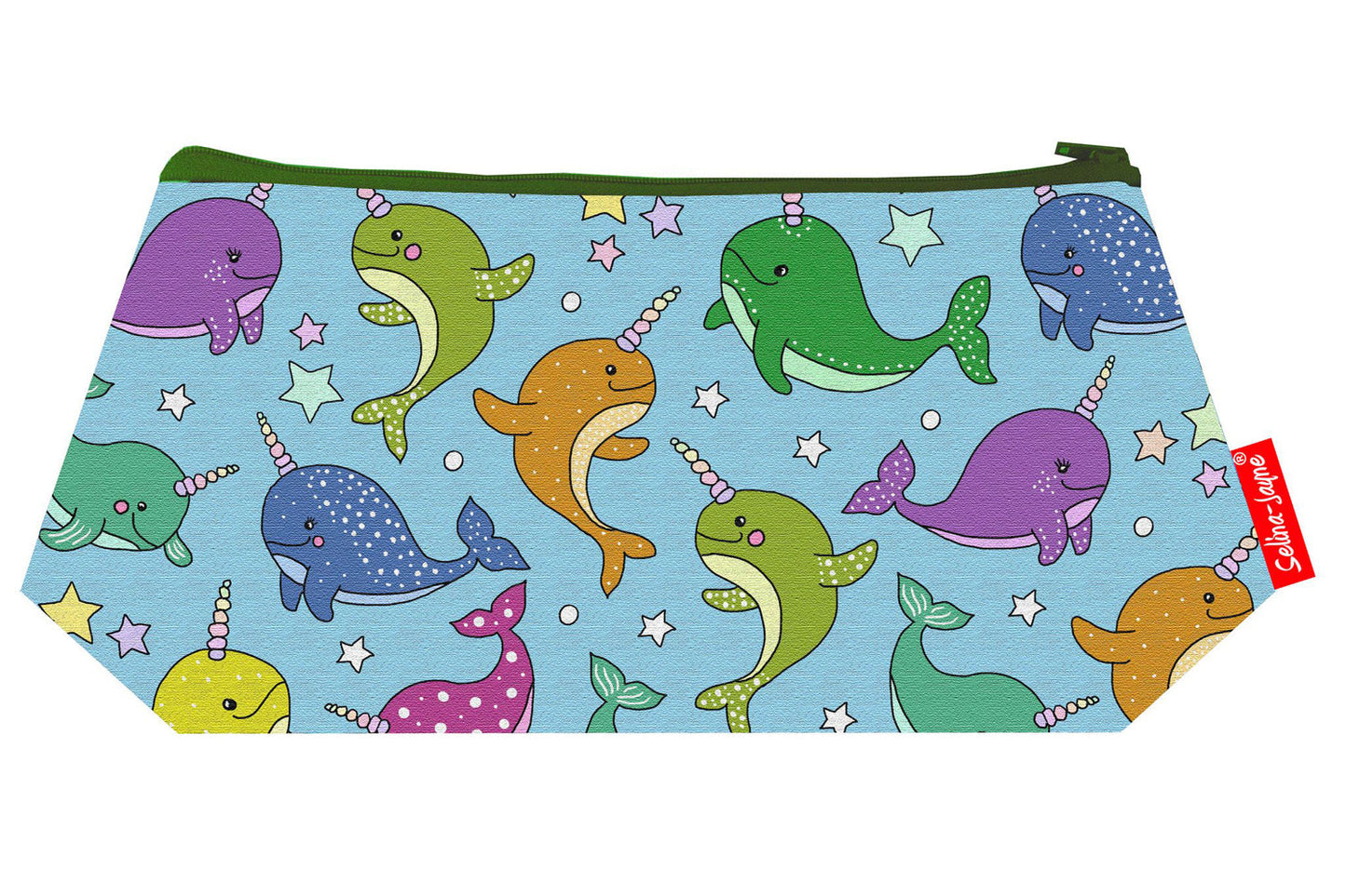 Compact Narwal makeup bag with wipe-clean lining, perfect gift for ocean lovers and marine wildlife enthusiasts
