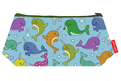 Compact Narwal makeup bag with wipe-clean lining, perfect gift for ocean lovers and marine wildlife enthusiasts