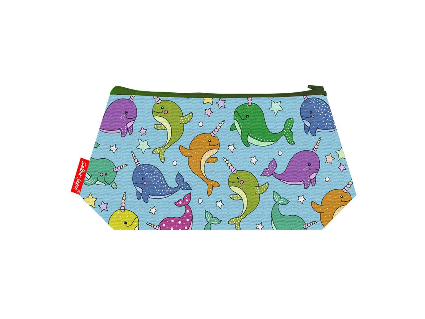 Narwal cosmetic bag by Selina-Jayne featuring vibrant marine wildlife graphics, colour-coordinated zipper, and compact 17.5cm design