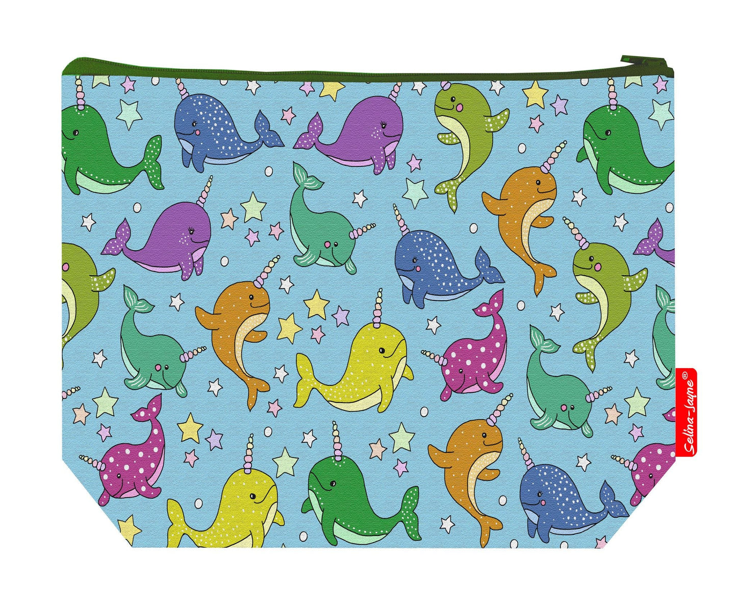 Premium 29cm Narwal wash bag with vibrant HD print and practical storage space
