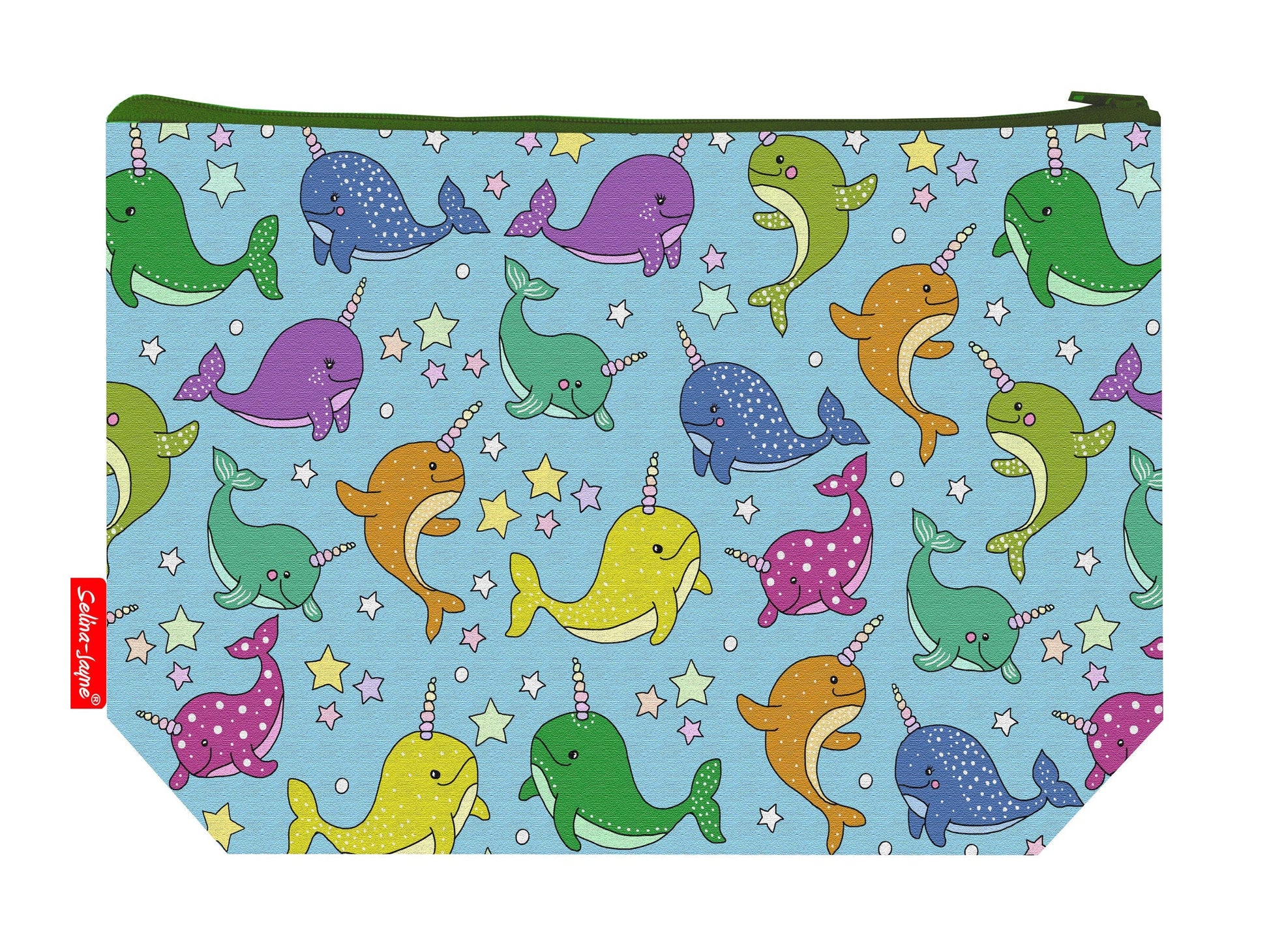 Narwal toiletry bag with Arctic whale design showing washable lining and zip closure