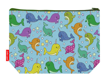 Narwal toiletry bag with Arctic whale design showing washable lining and zip closure