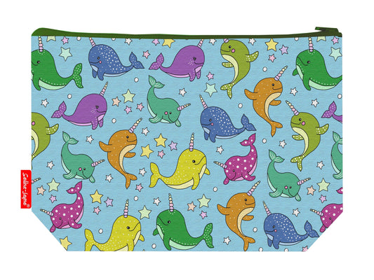 Narwal toiletry bag with Arctic whale design showing washable lining and zip closure