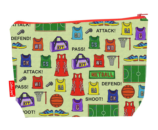 Netball toiletry bag with sports design showing washable lining and zip closure