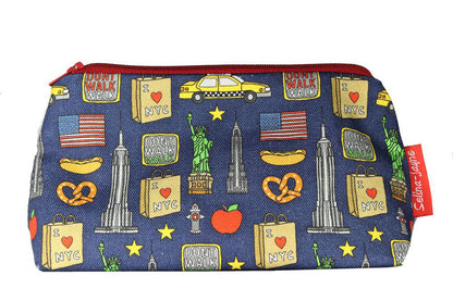 Compact New York City makeup bag with wipe-clean lining, perfect gift for NYC lovers and travel enthusiasts