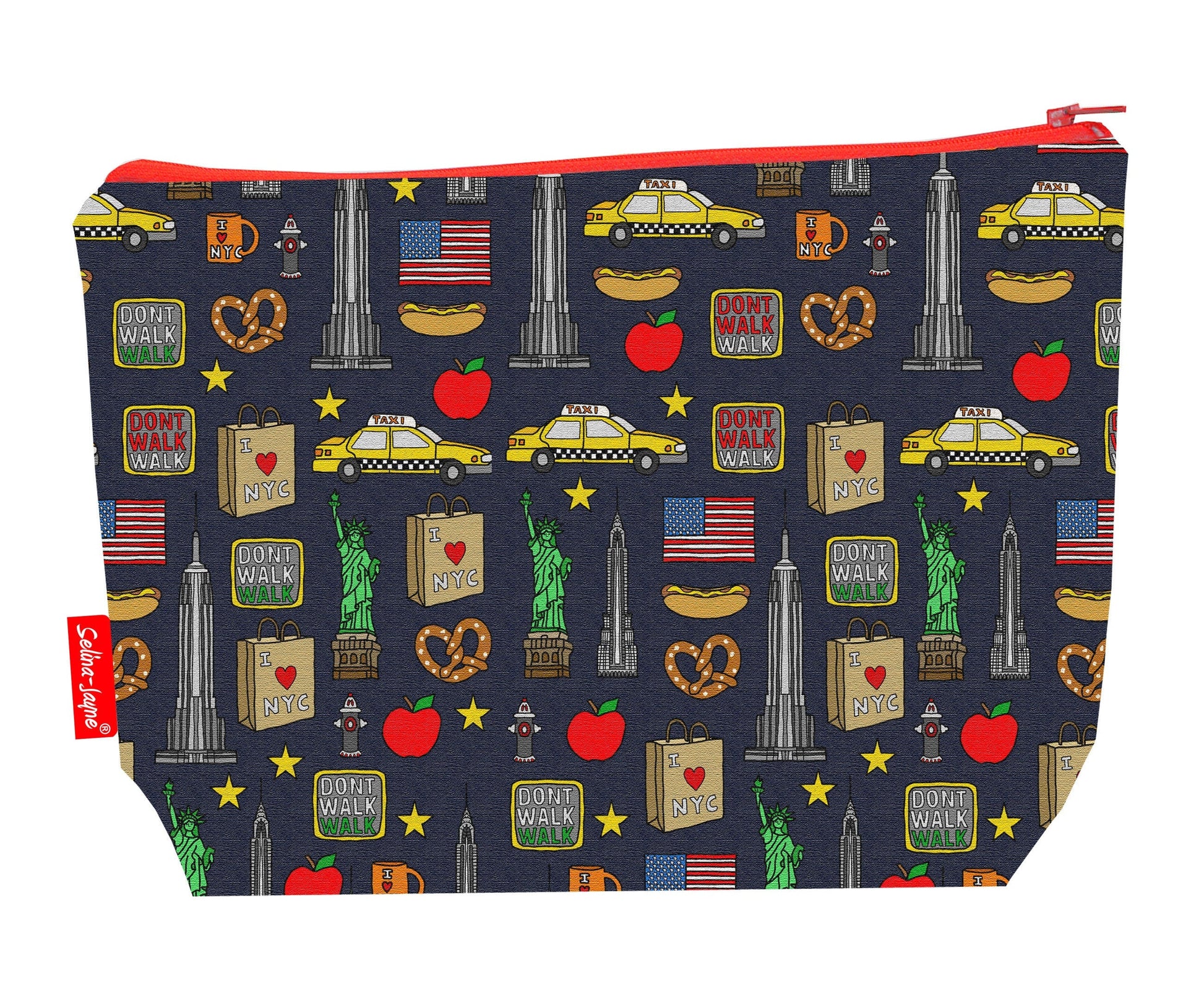 New York City toiletry bag with NYC skyline design showing washable lining and zip closure