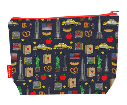 New York City toiletry bag with NYC skyline design showing washable lining and zip closure