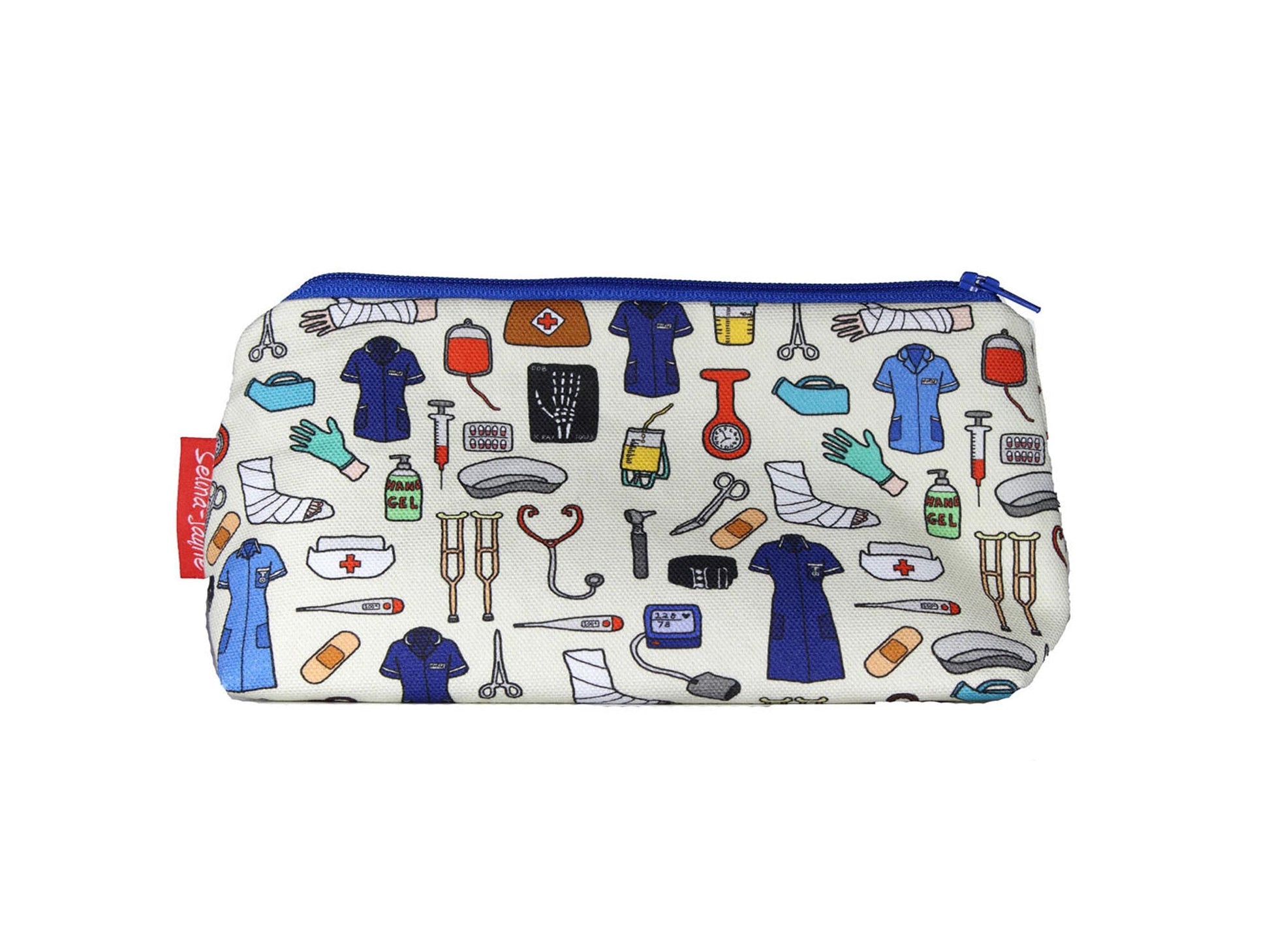 Nurse cosmetic bag by Selina-Jayne featuring vibrant healthcare professional graphics, colour-coordinated zipper, and compact 17.5cm design