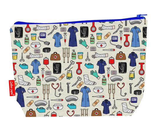 Nurse toiletry bag with healthcare design showing washable lining and zip closure
