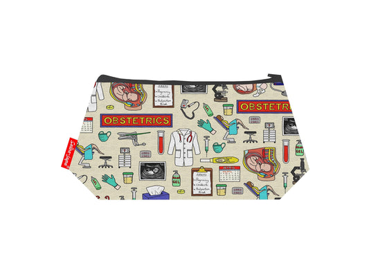 Obstetrician cosmetic bag by Selina-Jayne featuring vibrant medical professional graphics, colour-coordinated zipper, and compact 17.5cm design