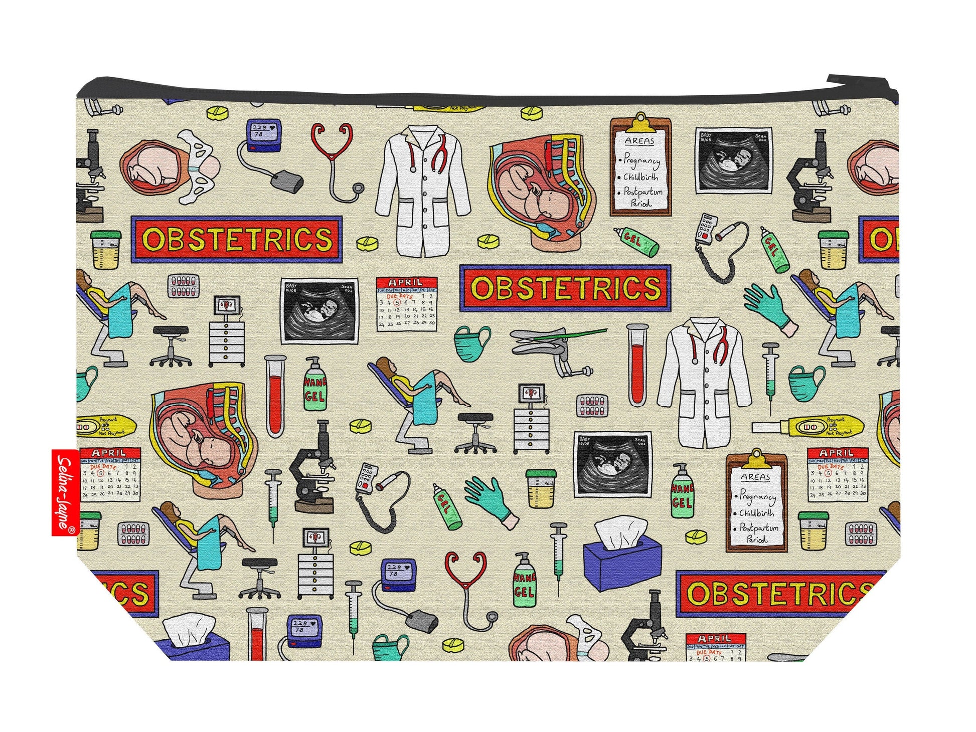 Obstetrician toiletry bag with maternity design showing washable lining and zip closure
